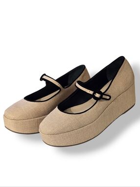Larroude “Blair” Flatform Platform Mary Jane Sz 8 Beige Raffia Adjustable Strap